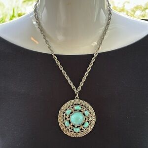 80’s Silver Tone Faux Turquoise Necklace